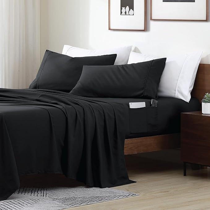 Swift Home Smart Sheets, Ultra Soft Brushed Microfiber 3-Piece Sheet Set, Fitted Bed Sheet with Side Storage Pockets – Black, Twin XL