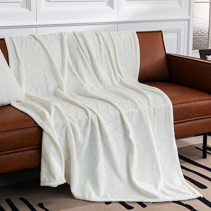 Soft Cozy Fleece Twin Blanket, 60x80 Inches – Lightweight Plush Blanket for Couch, Fuzzy 3D Jacquard Design, for Sofa, Bed & Travel - Ivory White