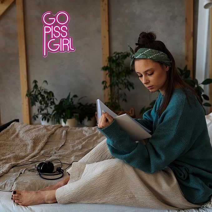 GO PISS GIRL Neon Sign Funny Dimmable LED Light Up Sign Pink Aesthetic Pop Culture Wall Decor for Dorm Room, College Apartment, Bathroom, Party, Birthday Gift, USB Powered(14.5 * 10.6in)