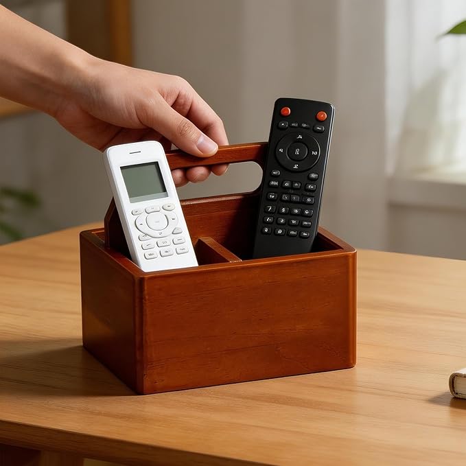 Acacia Wood Remote Control Holder with Handle, Desk Organizer with 3 Compartments, Wood TV Stand Decor, Easy Storage TV Remote Holder for Living Room, Bedside Caddy, Office Supplies