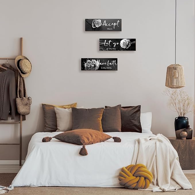3 Pcs Black White Rose Wall Decor Inspirational Wooden Flower Wall Art White Roses Bathroom Decor with Accept Let Go Have Faith Positive Quotes for Women Bathroom Living Room Bedroom(White Rose 12x4")