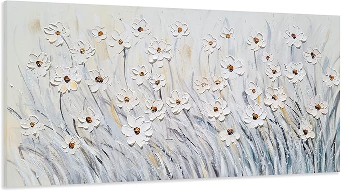 SYGALLERIER 3D White Floral Large Canvas Wall Art Hand Painted Textured Wall Art Modern Abstract Painting Aesthetic Pictures for Living Room Bedroom Bathroom Decoration