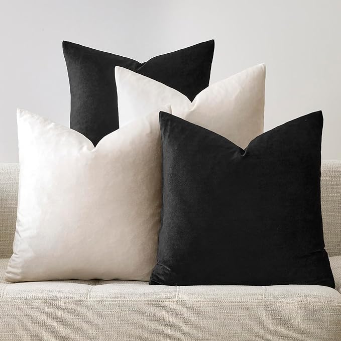 GIGIZAZA Decorative Velvet Pillow Covers - 18x18 Throw Pillows Soft Black Beige Covers Accent for Couch Living Room Bed Square Modern Luxury Cushion Covers Home Decor Set of 4