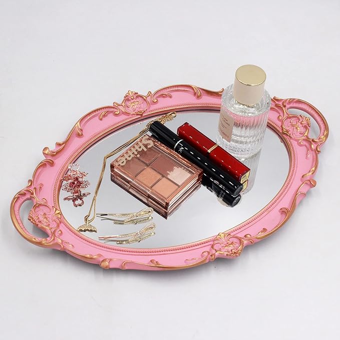 Vintage Small Mirror 14.5 x 10 inch Oval Pink Wall Mirror
