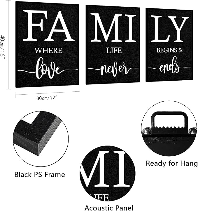 Family Where Life Begins And Love Never Ends Wall Art: 3 Piece Family Quotes Wall Art Prints Framed 12"x16",Love Signs Wall Decor Above Bed,Farmhouse Wall Decor for Living Room Dining Room