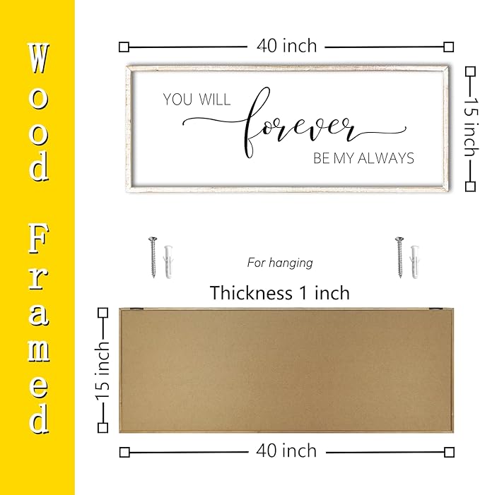 You Will Forever Be My Always Sign Wall Decor 40"x15" Above over Bed Master Bedroom Guest Room Large Rustic Wooden Framed Wall Hanging Art (White)