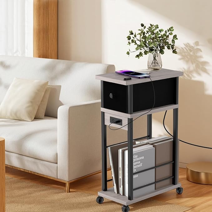 Narrow Side Table (1PC) - Grey & Black Two-Tone End Table with Charging Station Drawer & 4 Wheels, Personalized Mobile Storage Nightstand for Bedroom Living Room (1 AC + 2 USB Ports)