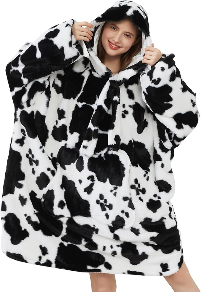 Softan Blanket Hoodie, Oversized Fleece Wearable Blankets for Women and Men Gifts, Cozy Warm and Soft Sweatshirt Blanket with Large Pocket, Cow Print