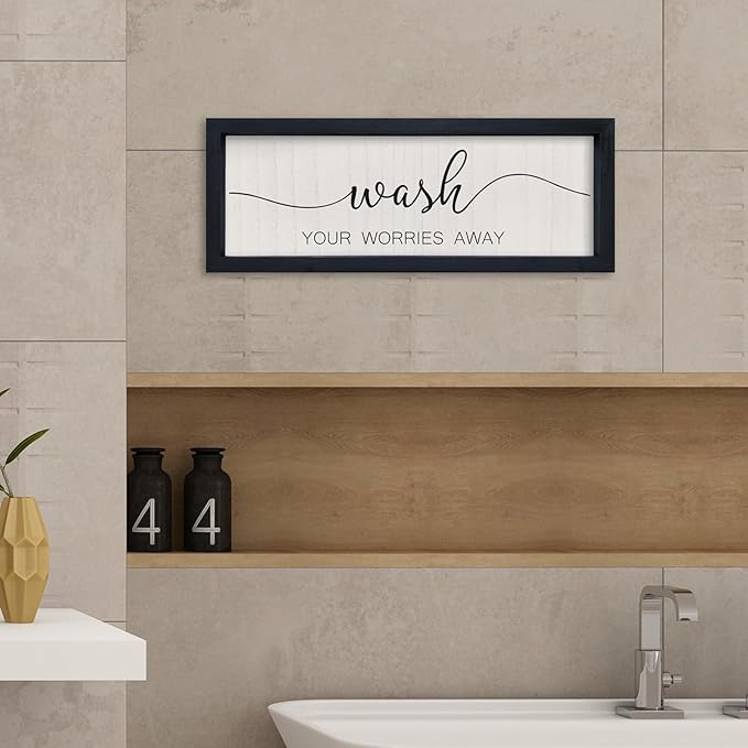 comurdyo Funny Laundry Room Plaque Wash Your Worries Away Bathroom Sign Wall Decor Inspirational Quote 16×6 Inch for above the Bathtub Restroom Small Wooden Framed Wall Hanging Art (Black)