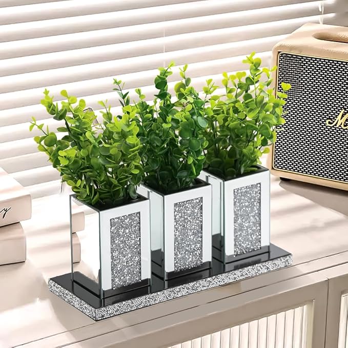Pibeyer Crystal Crush Diamond Jar Table Centerpiece Decorations for Dining Room, Coffee Table Decor Wooden Tray with 3 Mirrored Jars Artificial Plants for Kitchen, Living Room, Home Décor