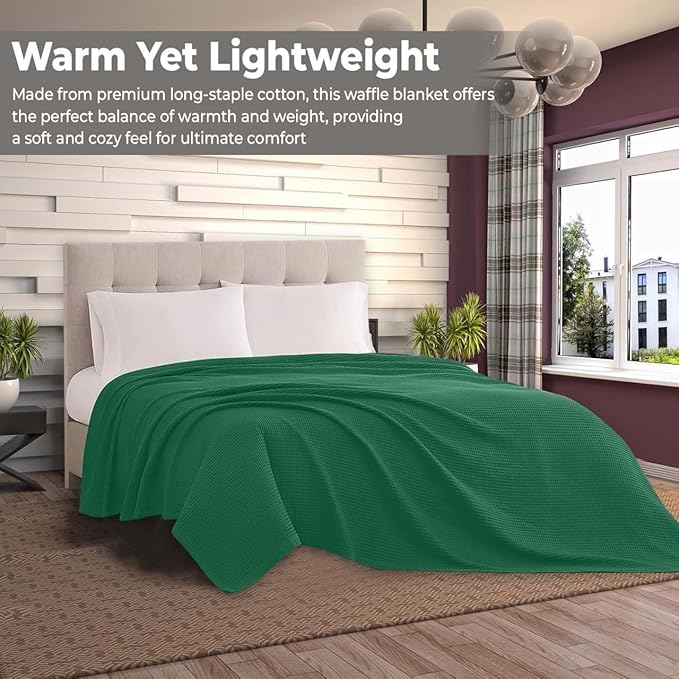 100% Cotton Blankets for Bed - Waffle Weave Blankets for Summer, Lightweight and Breathable Soft Woven Blanket for Spring (Dark Green, Queen (90" x 90"))
