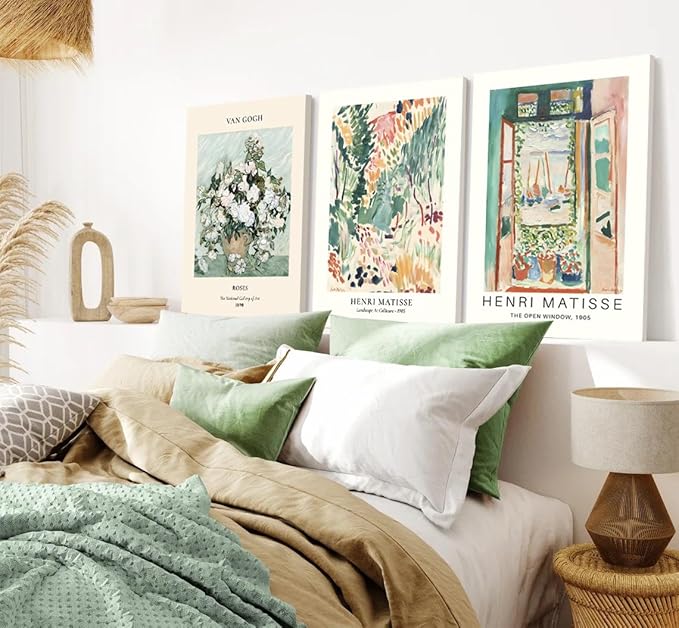 Framed Green Vintage Canvas Wall Art Set of 3 - Van Gogh Abstract Rose Pictures Wall Decor, Mid Century Modern Matisse Artwork Paintings Prints for Living Room Bedroom Bathroom 12x16 inch
