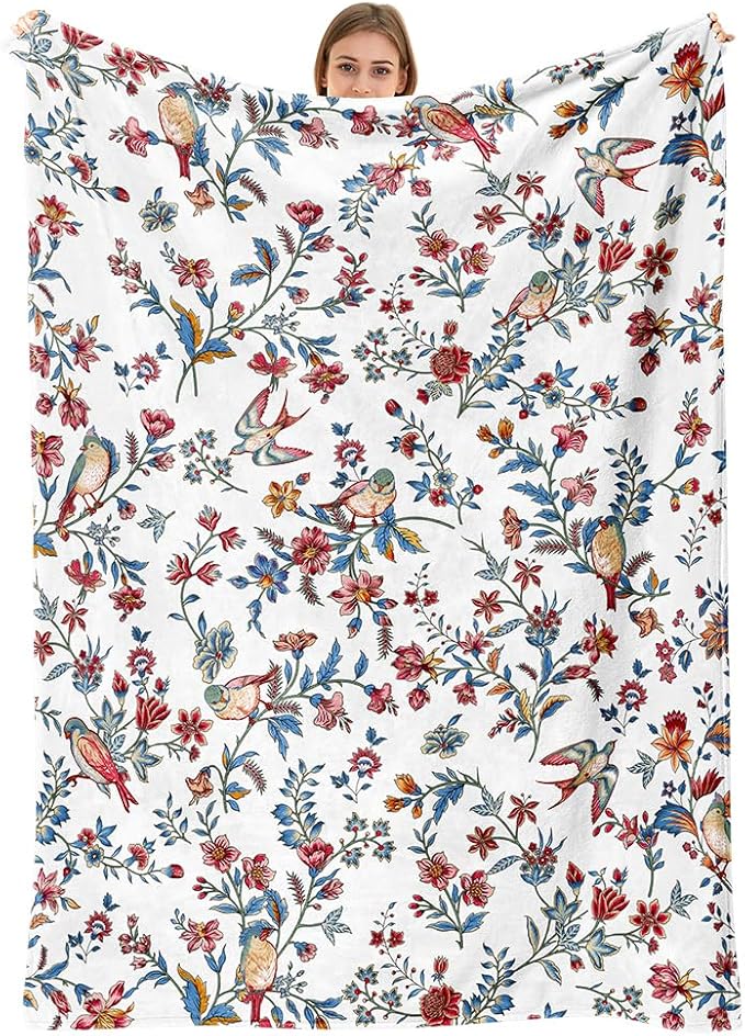Bird Floral Throw Blanket Flower Plant Cozy Fuzzy Plush Throw Blanket Flannel Fleece Throw Blankets Gift for Women Girl Adult Boho Blankets for Bed Sofa Travel 50" x 60" Inch