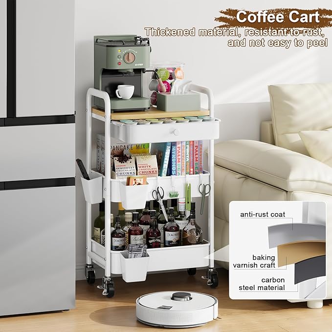 3 Tier Rolling Cart Metal with Table Top and Drawer, White Storage Cart with Wooden Top and Wheels, Three Tier Utility Carts Organizer for Art, Craft, Baby Diaper Caddy, Snack, Nail, Book, Makeup