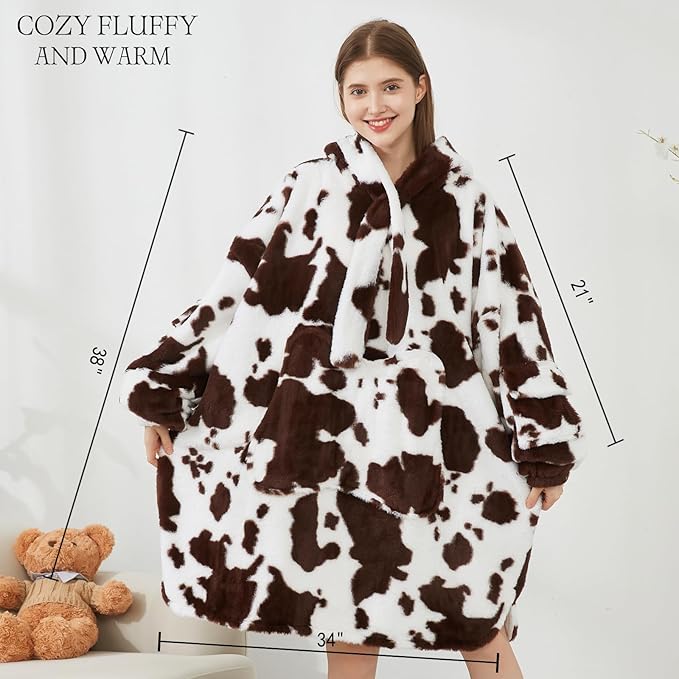 Softan Blanket Hoodie, Oversized Fleece Wearable Blankets for Women and Men Gifts, Cozy Warm and Soft Sweatshirt Blanket with Large Pocket, Brown Cow Print
