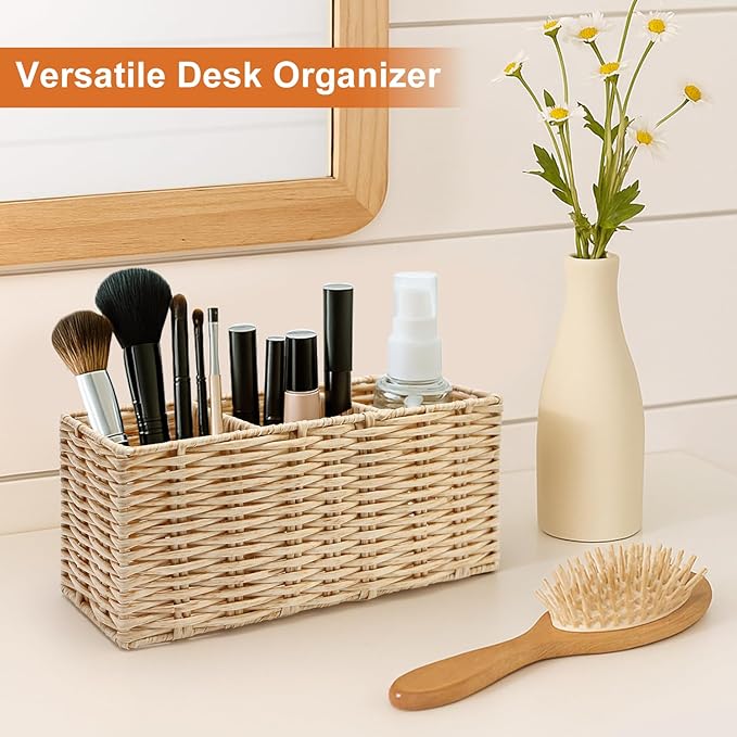 TV Remote Control Holder for Table Bedside Remote Caddy Storage Organizer Couch Nightstand Remote Box TV Controller Holder for Cutlery Silverware Desk Pen Organizer Wicker Decor Utensil Caddy Basket
