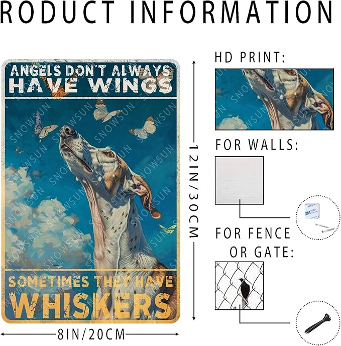 snowsun Vintage Metal Signs Greyhound Dog Angels don't Always Have Wings Sometimes They Have Whiskers Funny Tin Sign Wall Decor for Living Room Bedroom Garden Yard Bar Cafe 8×12 Inches