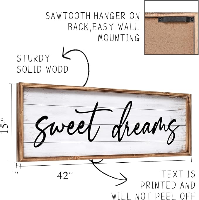Sweet Dreams Wall Decor Above Bed 42''×15'' Large Bedroom Wall Sign Farmhouse Bedroom Sign Wood Framed Guest Room Decor Master Bedroom Wall Decoration