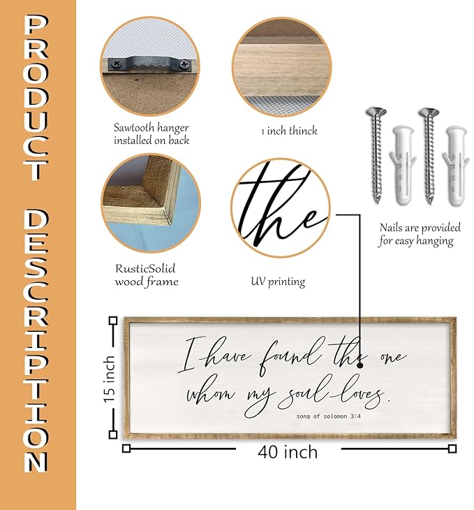 I Have Found The One Whom My Soul Loves Wall Art 40x15 Inch Large Song of Solomon 3:4 Sign Master Bedroom Above Bed Wood Frame Wall Hanging Decor (Wood)
