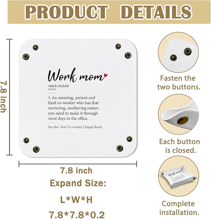 Work Mom Gifts Leather Jewelry Valet Tray,Best Mom Gift from Son Daughter PU Leather Catchall Beside Caddy Nightstand Organizer Tray for Jewelry Rings Watches Keys and Accessories,7.8x7.8inch