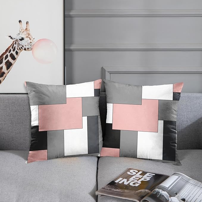 Emvency Set of 2 Pink Geometric Throw Pillow Cover Black Grey White Painting Abstract Checkered Design Decorative Pillow Case Modern Home Decor Standard Square 18x18 Inch Cushion Pillowcase