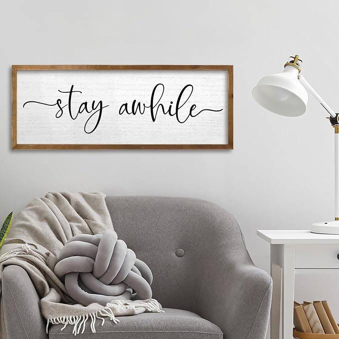 TQianJiang Living Room Wall Decor Stay Awhile Sign 24"×10" Cozy Home Inspirational Quote for Home Entryway Plaque Hallway Rustic Farmhouse Large Wood Framed Wall Hanging Art (Wood)