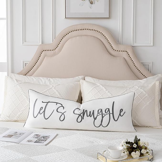 Sunkifover Let's Snuggle Decorative Lumbar Pillow Cover - 14x36 Inch White and Grey Cotton Embroidery Throw Pillowcase for Bed, Bedroom, Living Room, Home Decor