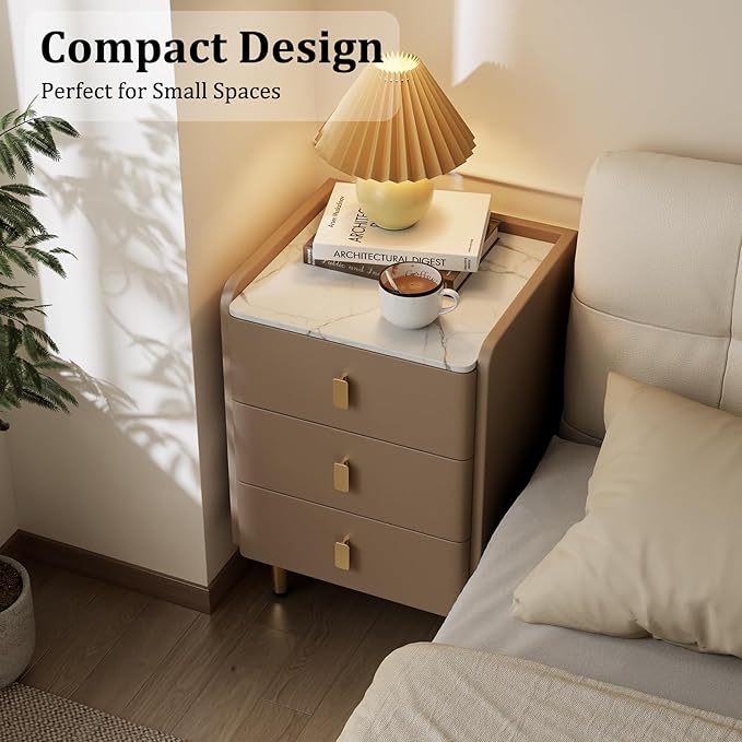 AQIMUELE Narrow Nightstand with Drawers, Narrow Side Table Leather, Small Bedside Tables for Bedroom. (Beige)