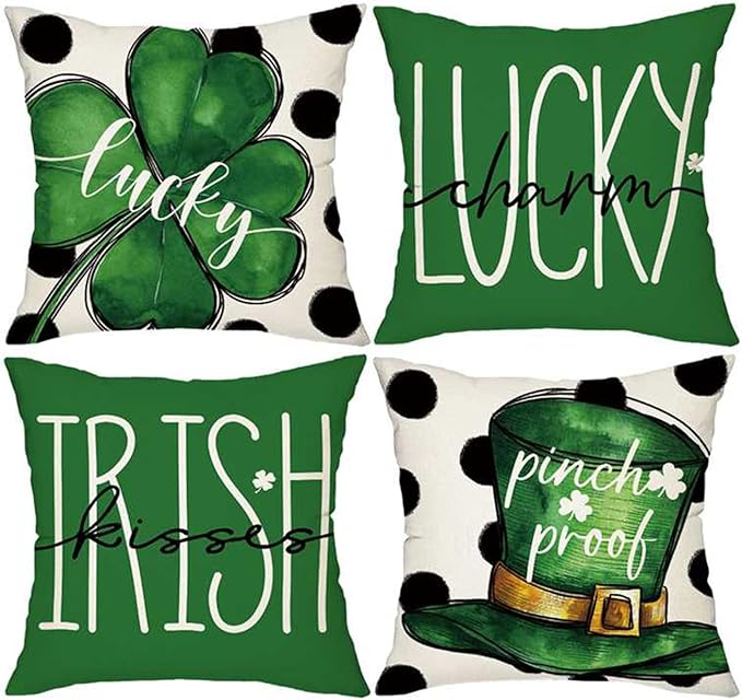 ONFAON St Patricks Day Pillow Covers 18x18 Set of 4 St Patricks Day Decorations Green Shamrock Farmhouse Holiday Green Themed Pillow Case Gift for Home Sofa Couch