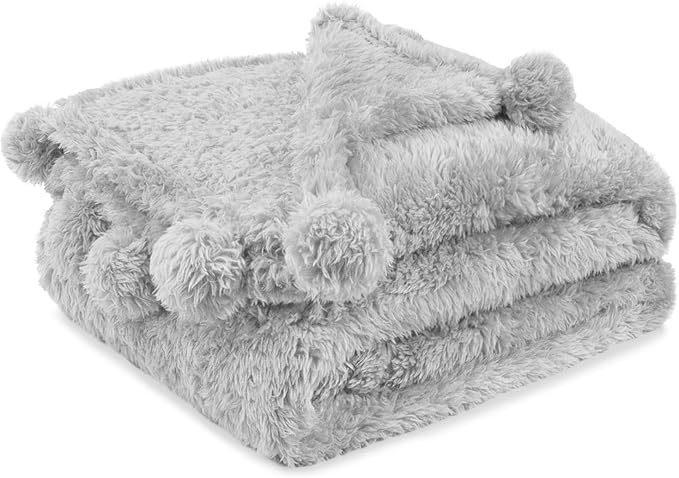 Pavilia Light Grey Sherpa Throw - Twin, Fuzzy Couch Throw with Pom Poms, Soft Fluffy Cozy Blanket - Lightweight, 60x80