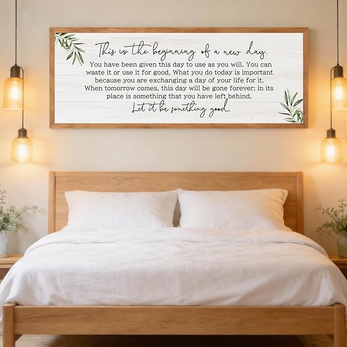 The Beginning of a New Day Wall Art – 40x15 Inch Wooden Framed Inspirational Sign with Motivational Message, Large Rustic Wood Frame Wall Decor for Living Room, Office, Entryway, Natural