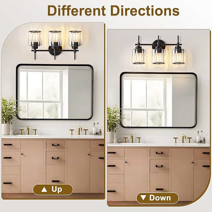 3 Light Black Crystal Vanity Light, Modern Bathroom Vanity Light Over Mirror, Up and Down Mount Wall Sconce Lighting for Bathroom Bedroom Living Room Hallway