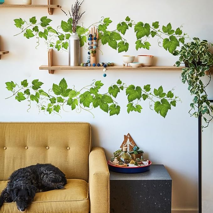 4 Pack Green Leafy Vine Wall Decals, Green Plants Leaves Wall Stickers for Kitchen Bedroom Living Room Bathroom Wall Decor