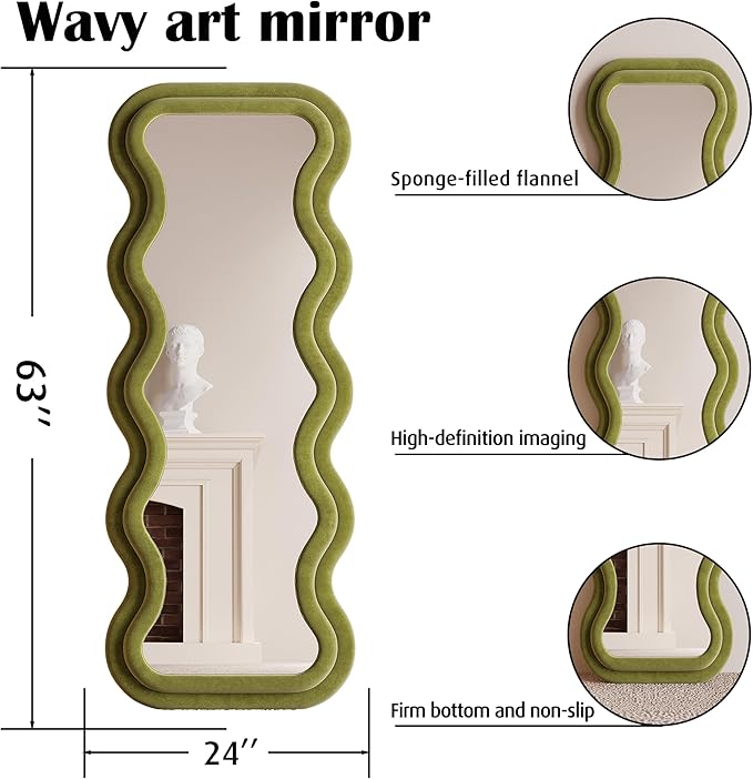 BOJOY Full Length Mirror 63"x24", Irregular Wavy Mirror, Arched Floor Mirror, Wall Mirror Standing Hanging or Leaning Against Wall for Bedroom, Flannel Wrapped Wooden Frame Mirror -Green