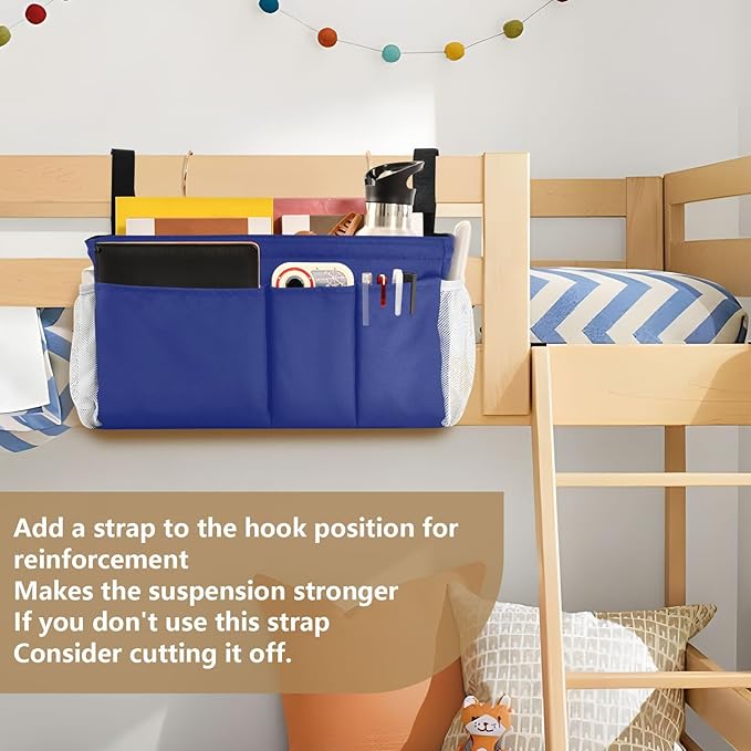 DOMIKING Blue Bedside Caddy for Dorm Bed Recliner Armrest Organizer with Hooks Haning Storage Bags for Headboards Rails Bunk Bed