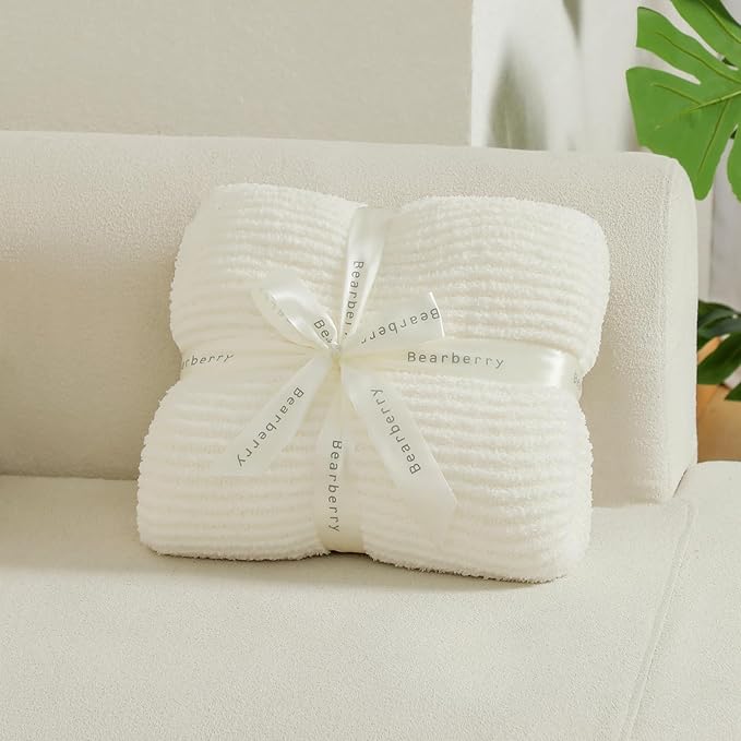 bearberry Soft Rib Knit Blanket Thin Warm & Breathable - Snuggly Minky Throw for Everyday Use, Travel, Chair | All-Season Machine Washable for Couches, Gifts, Family (Cream, 50”x60”)