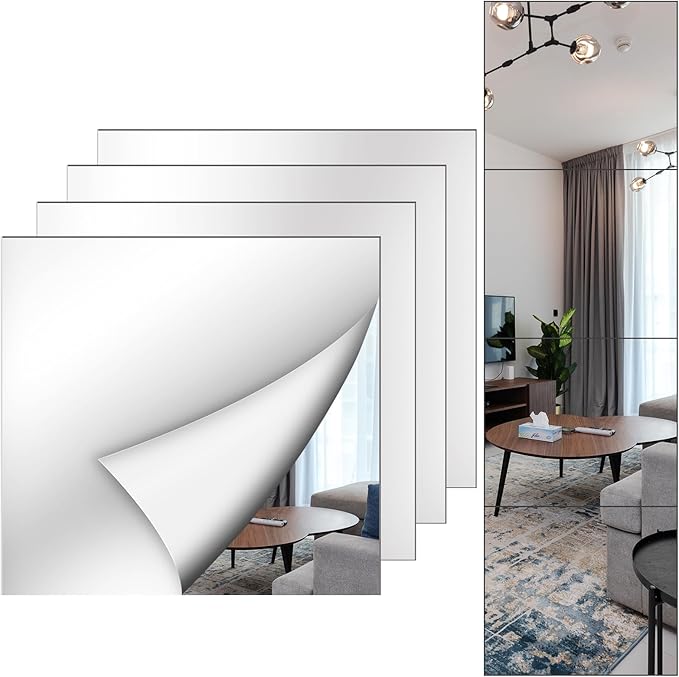 Mirror Wall Full Length,12X14 Inch Unbreakable Mirror Tiles for Bedroom Home Gym Door, Acrylic Mirror Full Body Shatterproof Mirror Stickers for Walls,Mirror Sheets (4pcs)