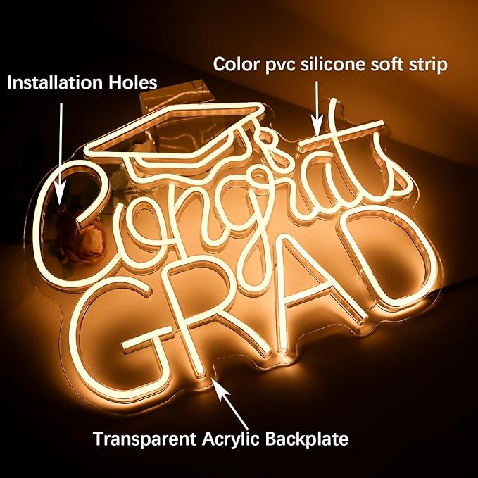 Congrats Grad LED Neon Sign, Graduation Party Decor, 16.5×12.6 Inch Warm White Grad Light Up Letters, Adjustable Congrats Graduation Sign, Dorm Room Backdrop, Celebration Gift for Class
