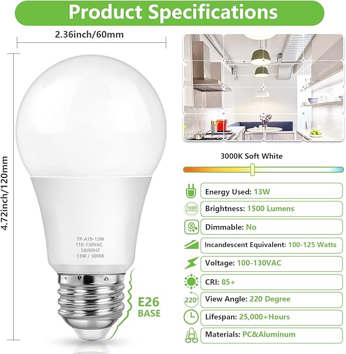 MAXvolador A19 LED Light Bulbs, 100 Watt Equivalent, Soft White 3000K, 1500 Lumens, E26 Base, Non-Dimmable, 13W Bright LED Bulbs, 4-Pack