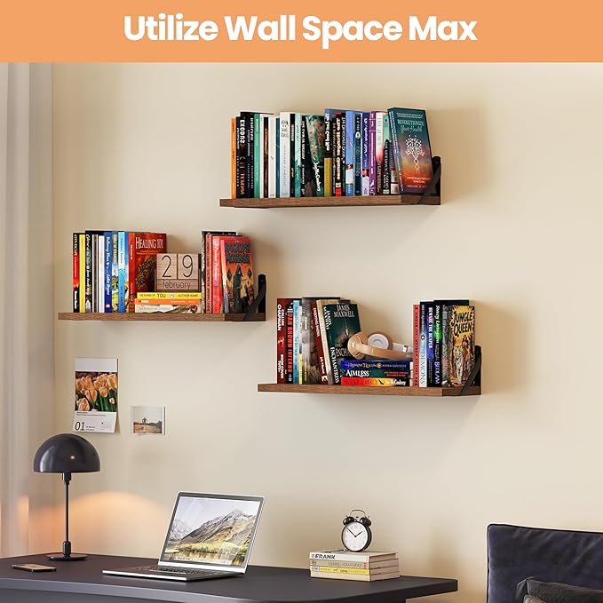 upsimples 23.6 Inches Floating Book Shelves for Wall, Floating Wood Shelves for Living Room, Laundry Room, Bedroom, Office Organizer and Storage, Brown