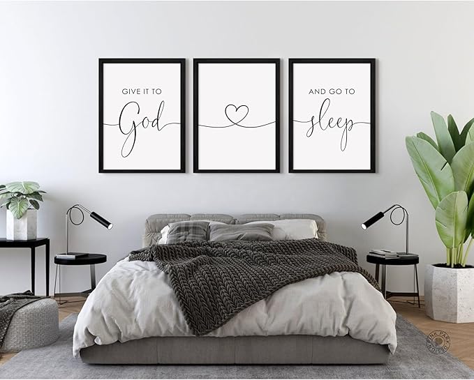Give It to God and Go to Sleep Sign Canvas Wall Art Above Bed Wall Decor for Bedroom Bible Verse Prints Farmhouse Bedroom Pictures Artwork for over the Bed 12x16 Inch Framed Set of 3