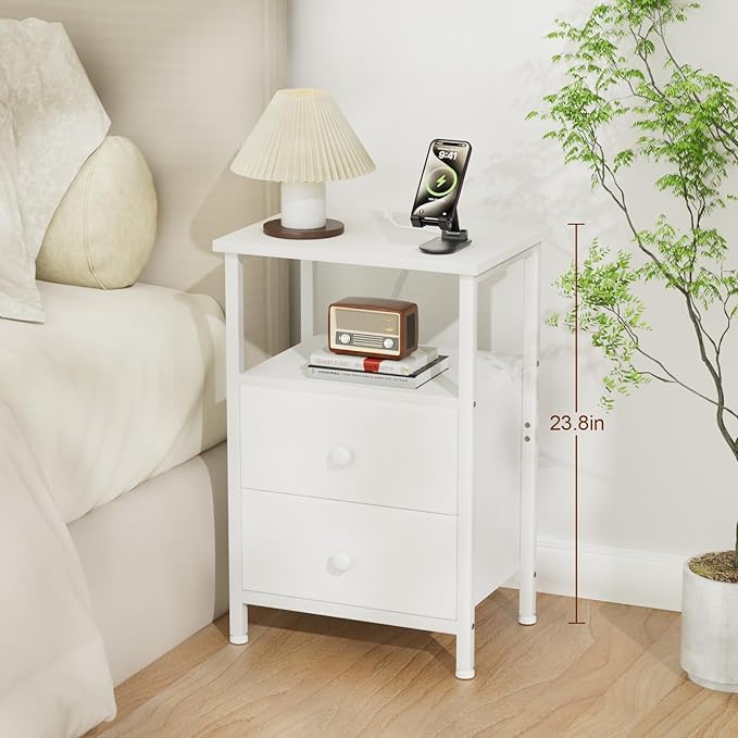 Night Stand with Charging Station, Small Bedside Table with 2 Fabric Drawers, Nightstand with USB Ports & Outlets for Bedroom, Living Room, White, HETS020WT-1