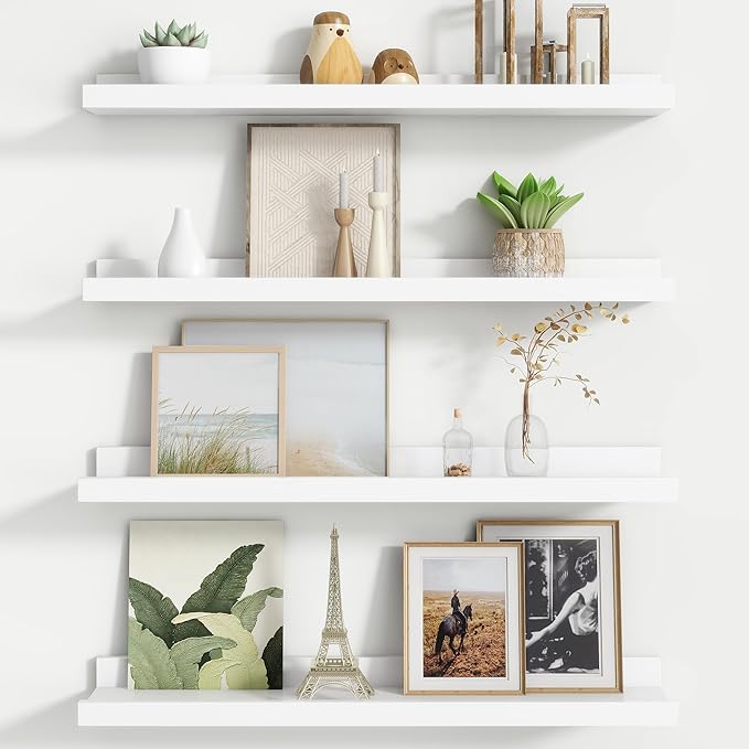 Floating Picture Ledge Shelves Set of 4, 24 Inch Shelves with Lip - Large Nursery Book Shelf for Toys Storage, Kids Bookshelf, Living Room, Bedroom Decor Frames