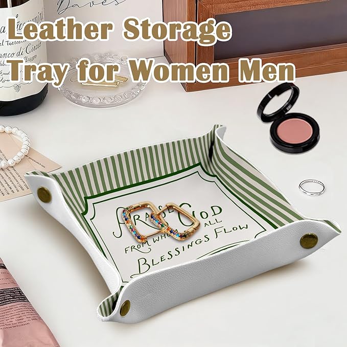 Christian Gifts Leather Jewelry Valet Tray, Green Religious Bible Verse PU Leather Catchall Beside Caddy Nightstand Organizer Tray for Jewelry Rings Watches Keys and Accessories, 7.8x7.8inch