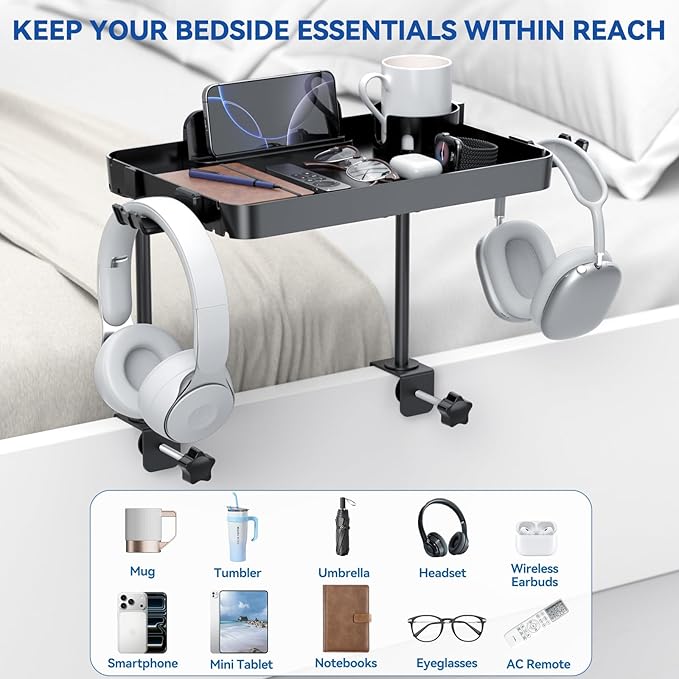 Bedside Shelf Bunk Bed Shelf for Top Bunk Clip on Bedside Table Tray Loft Nightstand Attachable Bedside Table Cup Holder Headboard Organizer Attachment 2 Height College Dorm Room Bed Accessories Black