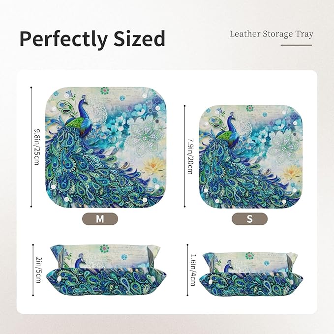 Peacocks and flowers Leather Vanity Tray Desktop Storage Organizer, Decorative Catchall Perfume Tray, Bathroom Valet Tray,Nightstand Caddy Holder for Keys Phone Wallet Coin Jewelry, S