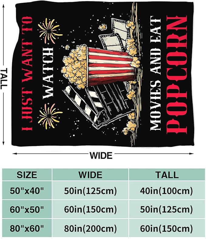 Movie Popcorn Blanket for Girls Women Boys Men Adults Kids Soft Cozy Fleece Theater Film Cinema Throw Blankets Gifts Warm Flannel Plush Lightweight Decor for Couch Bed Sofa 80"X60"