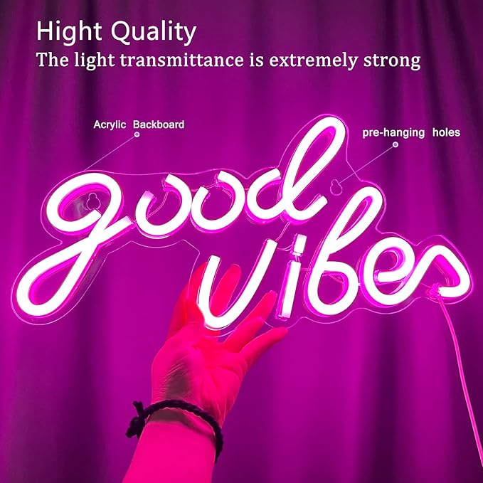 Good Vibes Neon Sign Pink Good Vibes Neon Lights USB Operated Aesthetic LED Signs for Bedroom Wall Decor Birthday Party Wedding Salon Bar Home Girl Cave