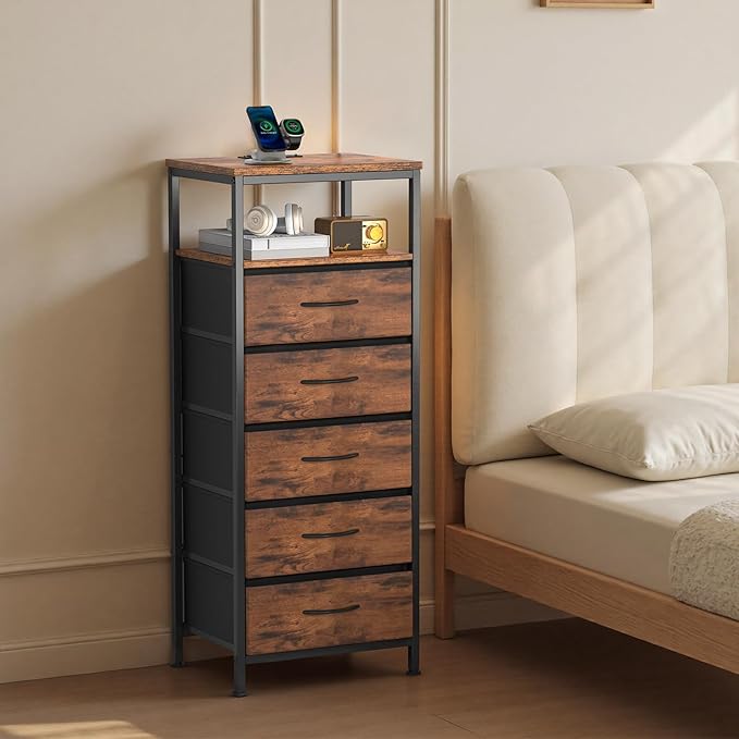 Sweetcrispy Nightstand with Charging Station, Bedside End Table with 5 Fabric Drawers & USB/Type-C Ports and Outlets, Night Stand for Bedroom Furniture, Adjustable Feet and Variable Light Strip, Rust