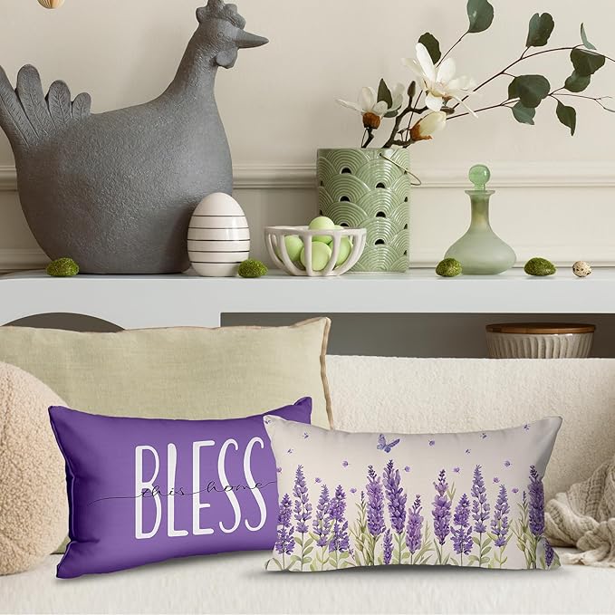 Spring Pillow Covers 12x20 Inch Set of 4 Lavender Home Sweet Home Purple Throw Pillows Decorative Pillow Cases Summer Seasonal Farmhouse Decorations for Sofa Couch